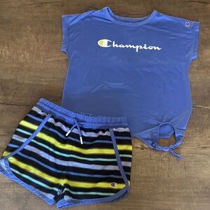 Champion Girls Blue Logo Tee with Striped Athletic Shorts Set (5/6)